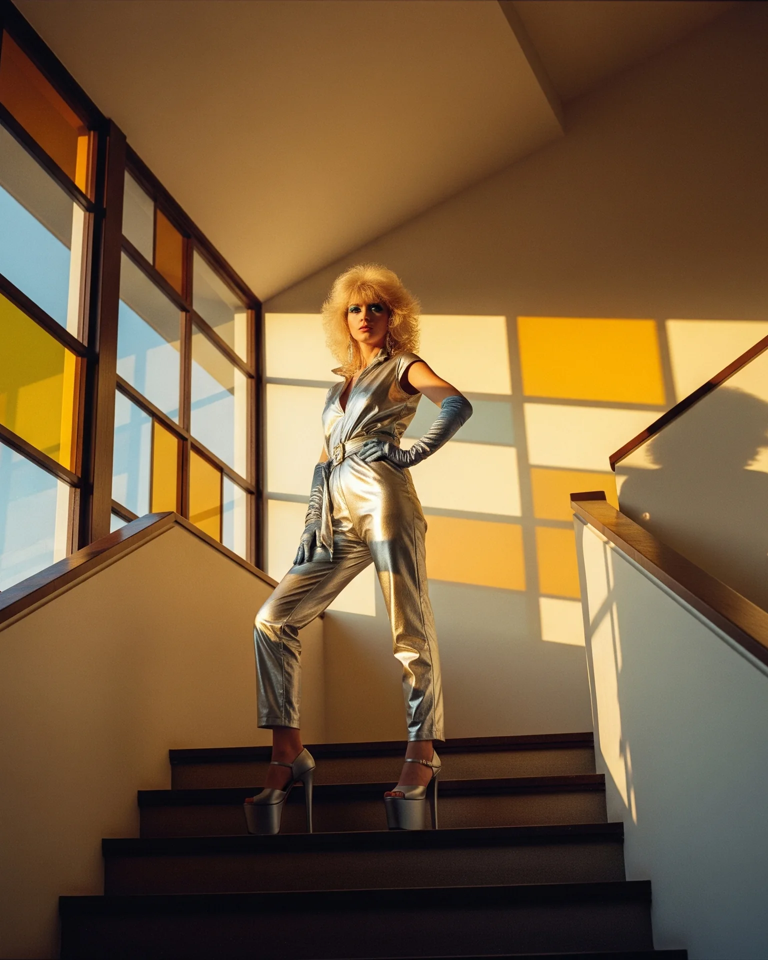 A silver-clad AI fashion character framed by angular architecture and warm sunlight.