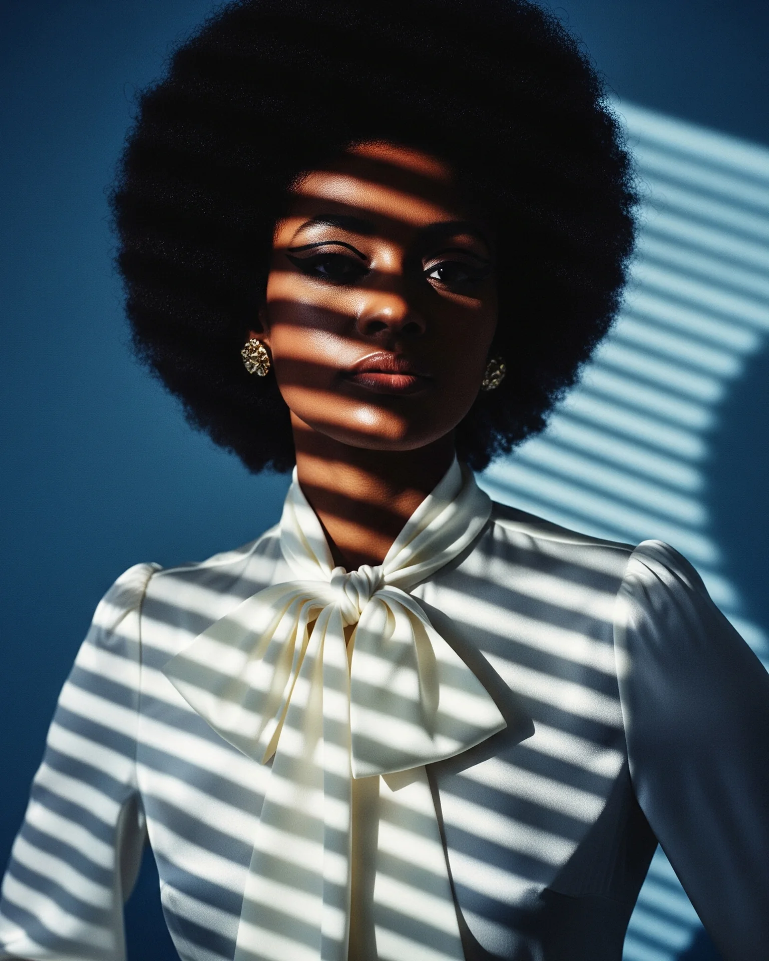 AI-generated portrait crossed by stripes of sunlight against a blue background.