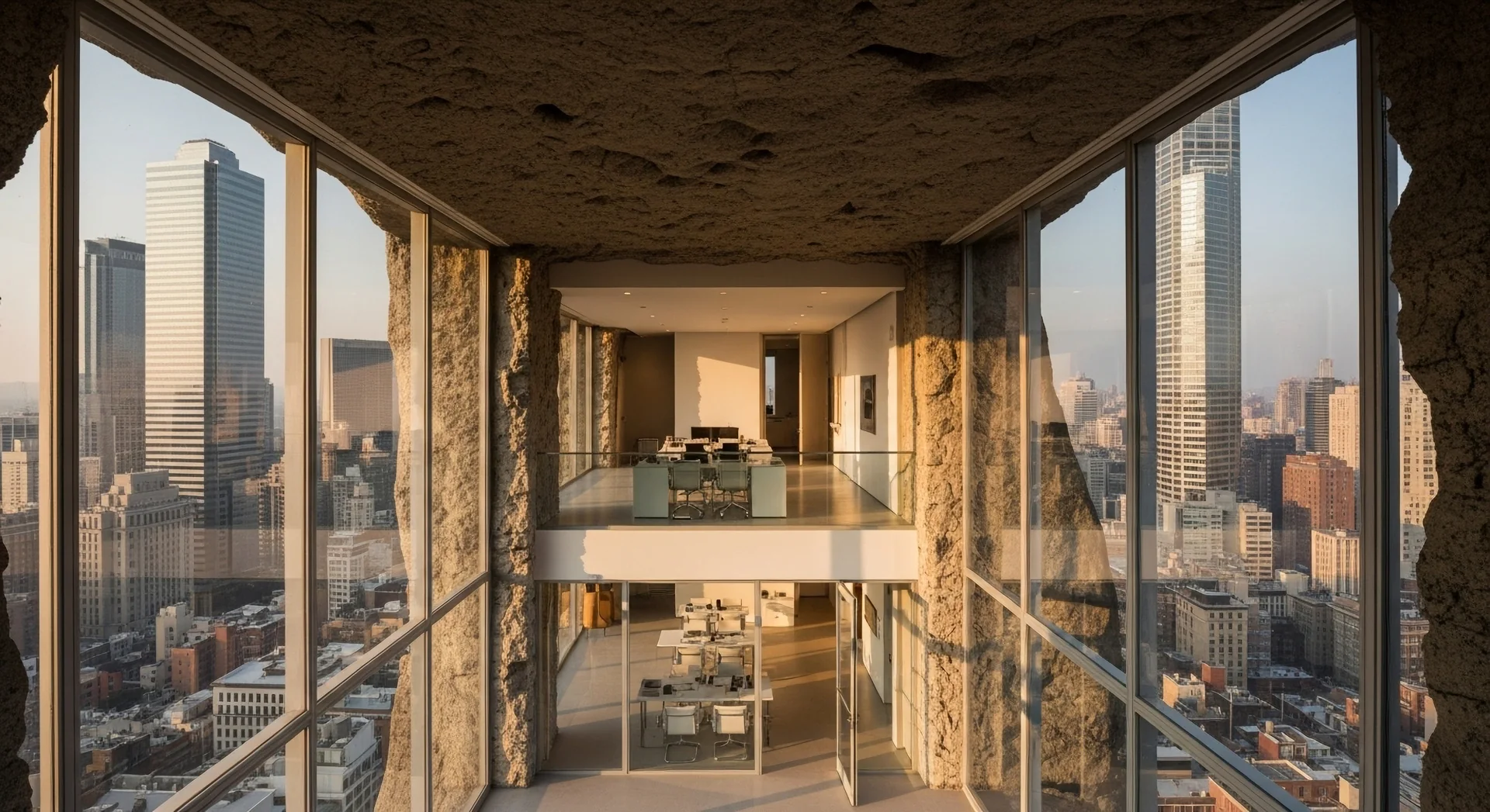 AI-generated stone interior opening onto a high-rise city view.