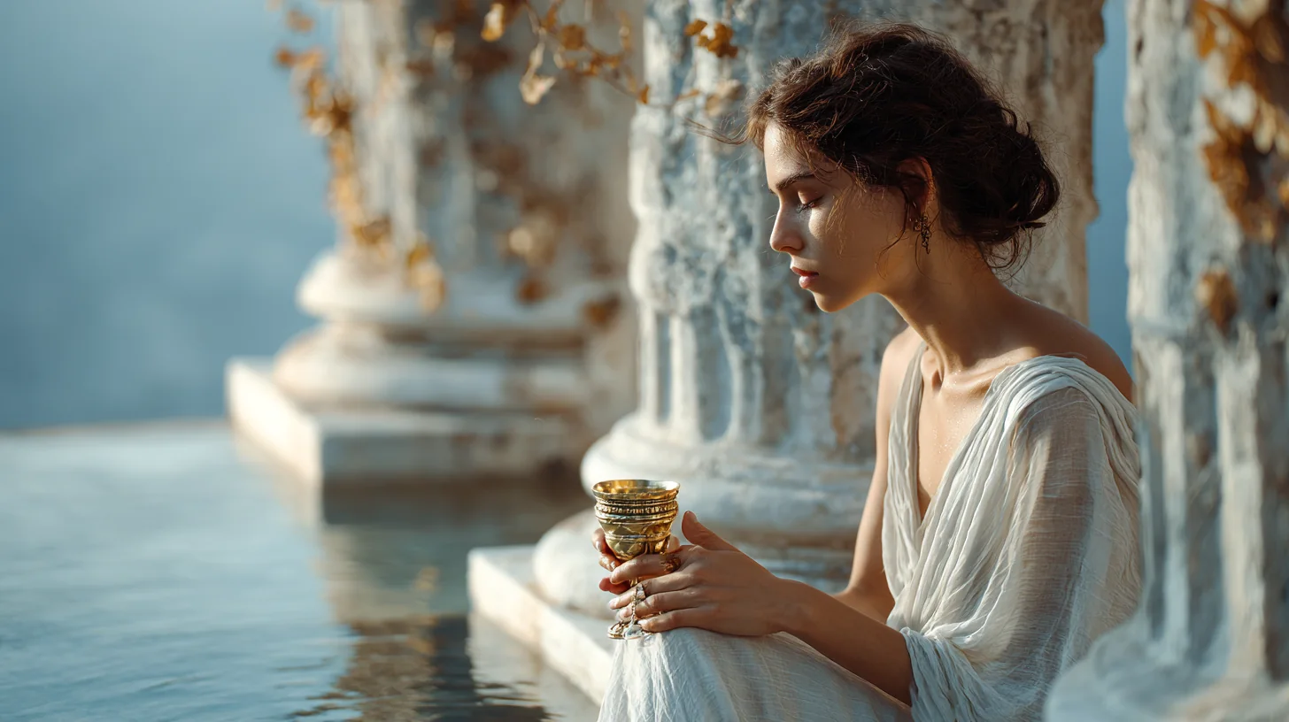 AI-generated woman in a white dress holding a cup in a sunlit ornate interior.