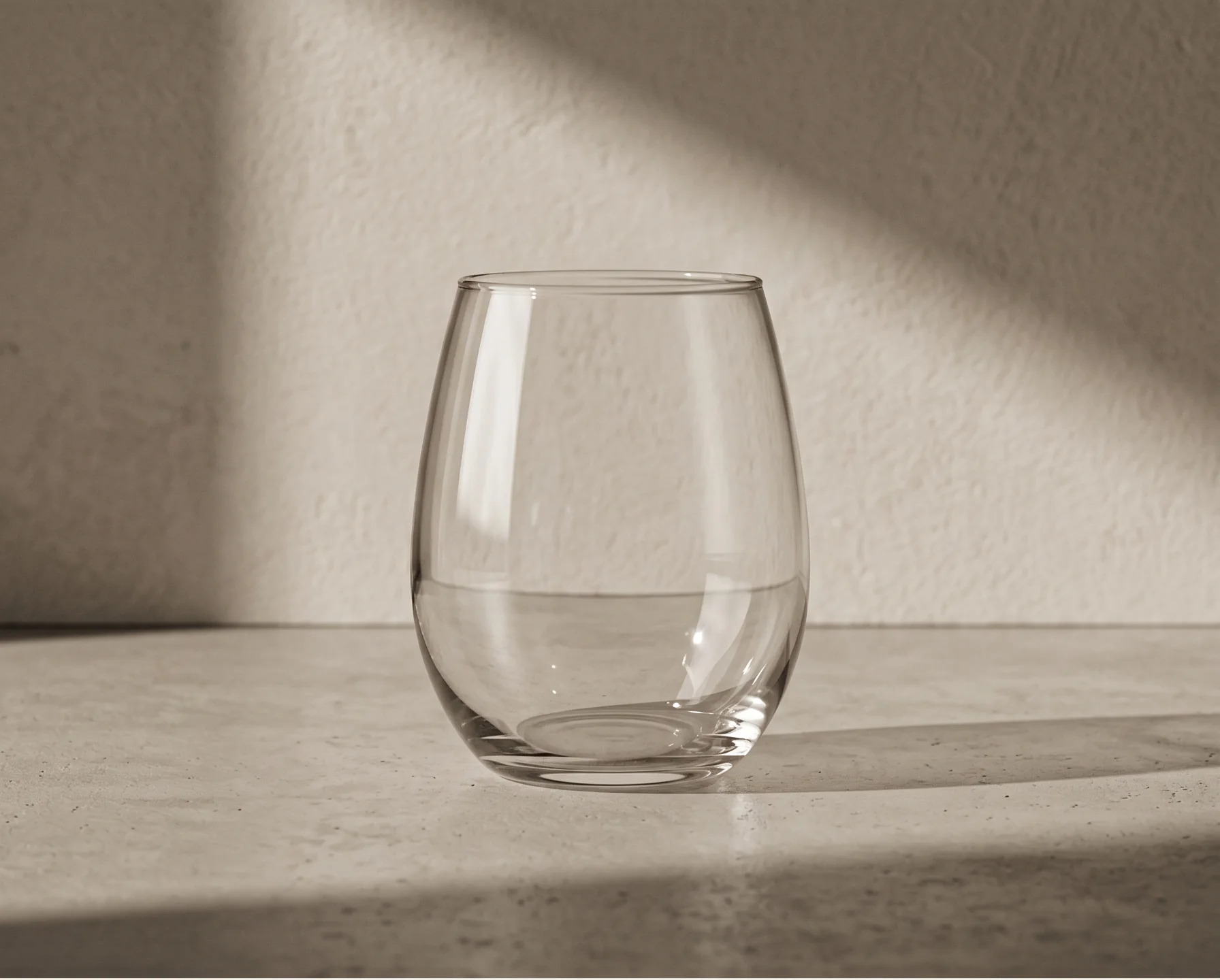 AI-generated clear glass on a warm stone surface with directional sunlight.