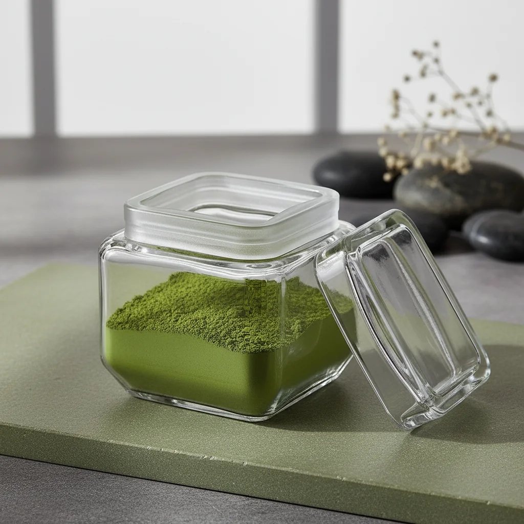 AI-generated square glass jar of green powder on a sunlit grey counter.
