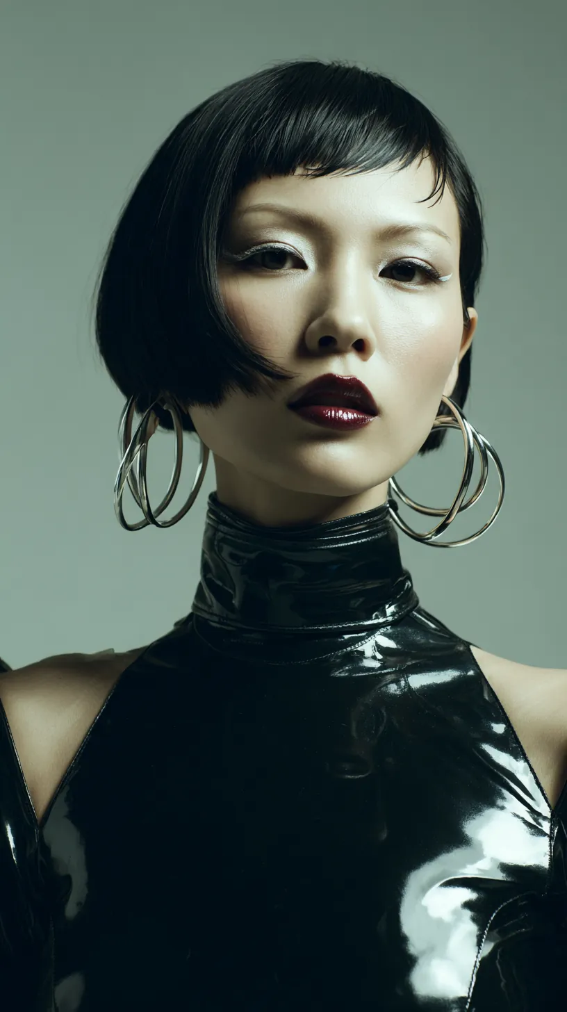 AI-generated portrait in black patent leather with silver hoop earrings.