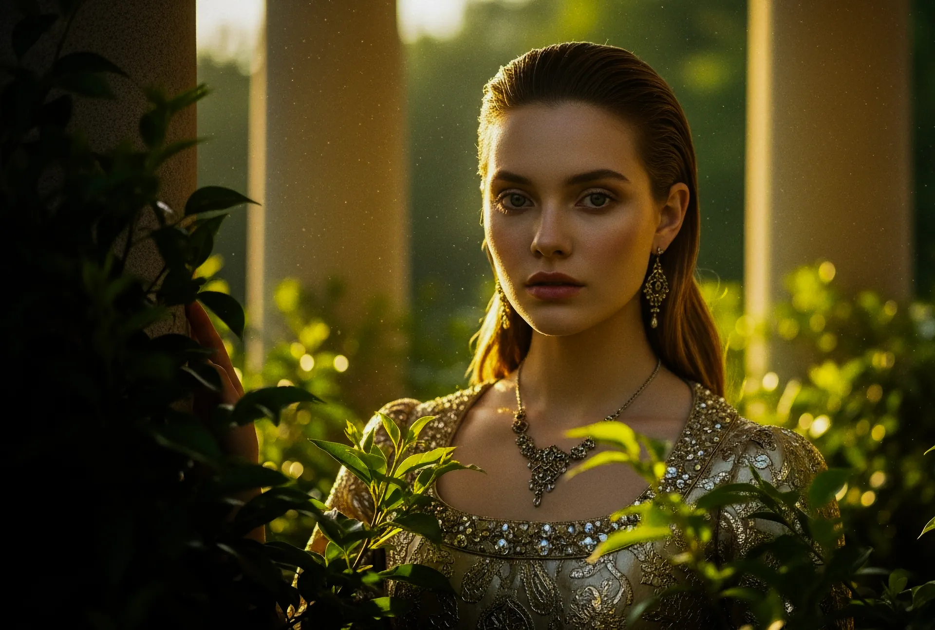 AI-generated portrait in a sequined dress half in shadow among leaves at golden hour.