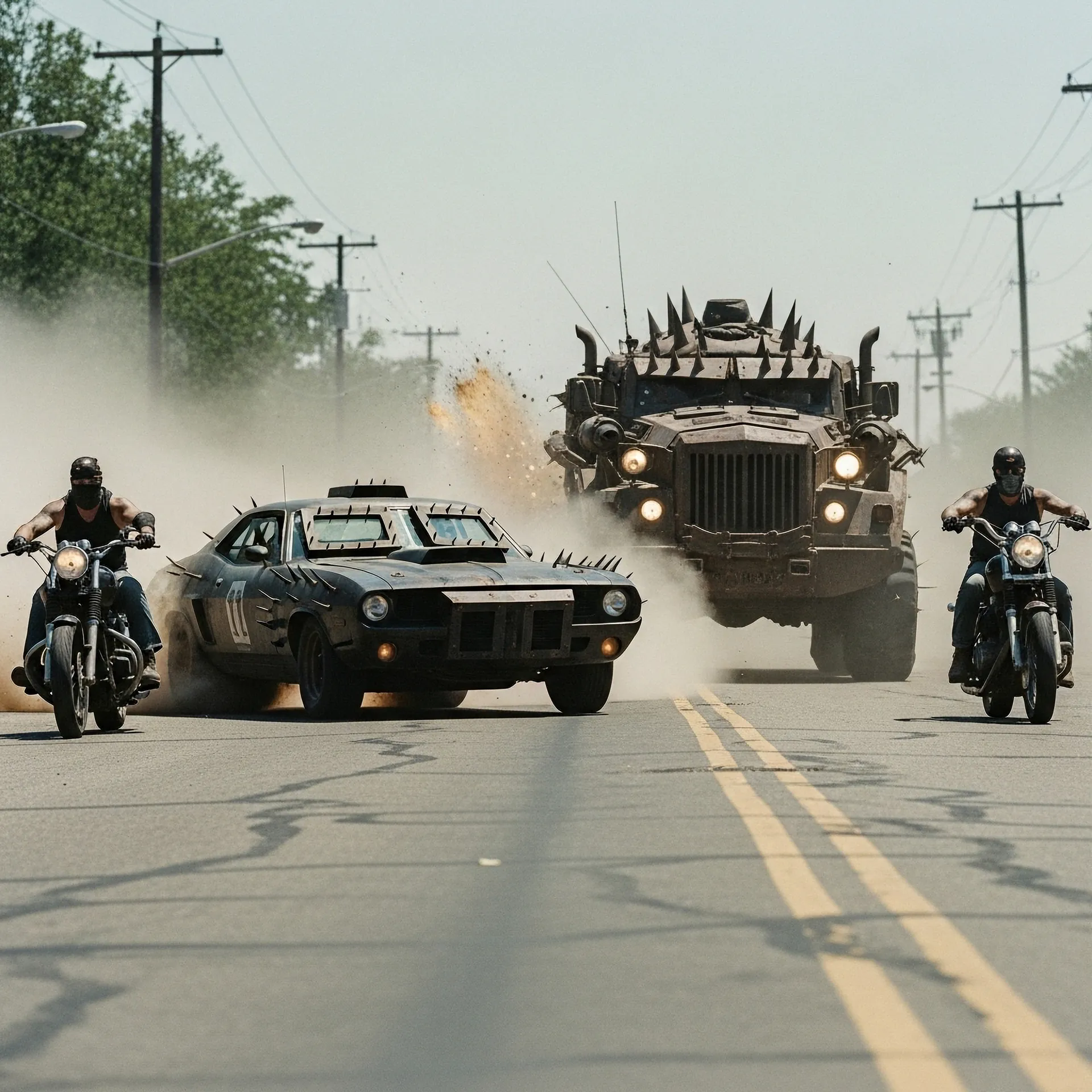 AI-generated chase of spiked cars and motorcycles down a dusty avenue.
